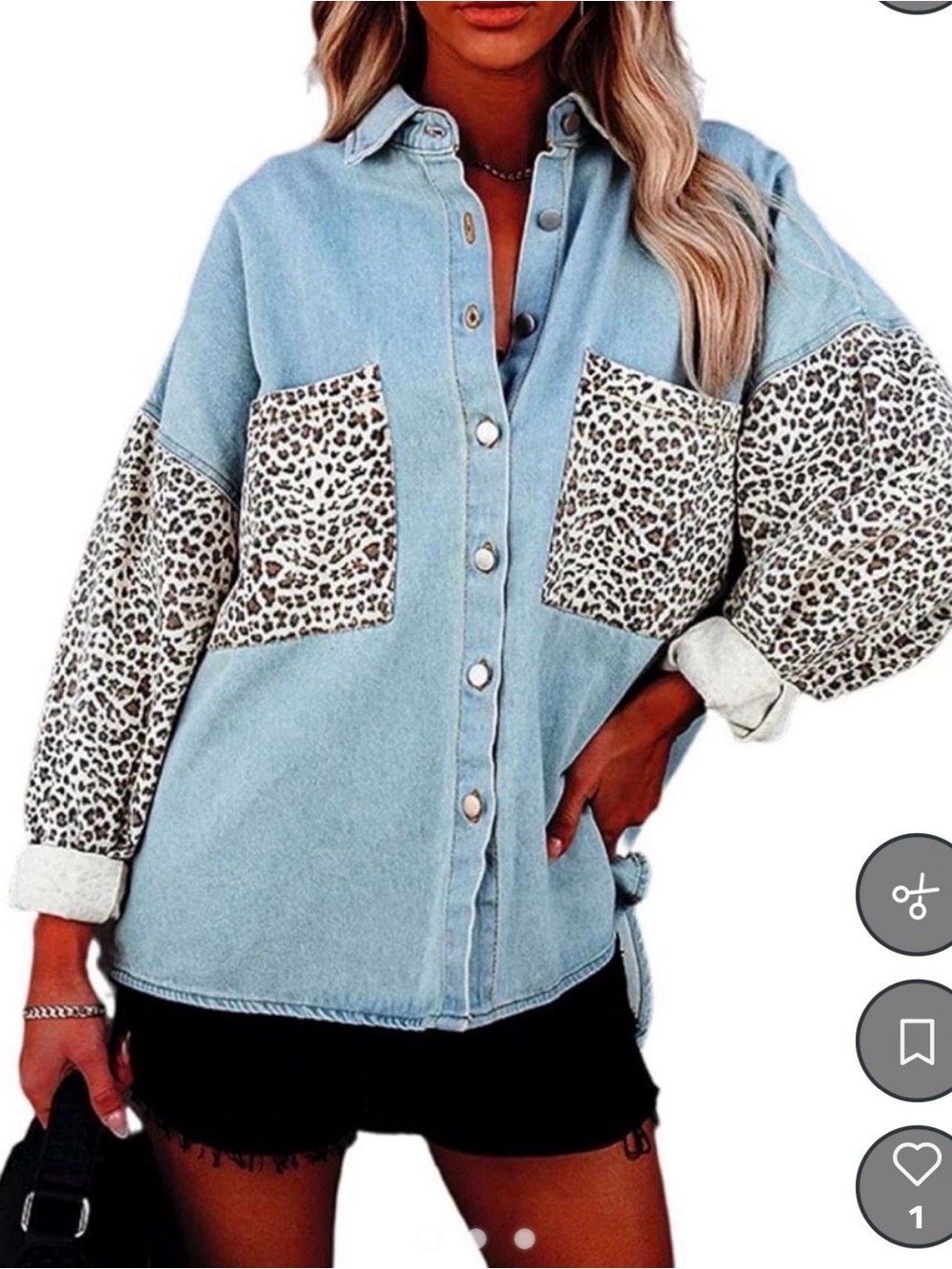 Light Blue Denim Shacket with Leopard Print Panels